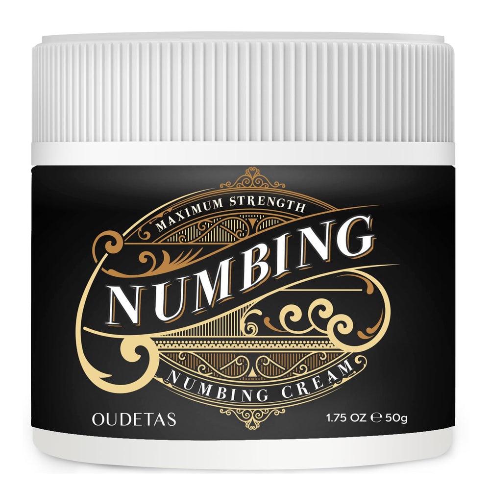 Oudetas numbing cream tube closeup—fragrance-free for sensitive skin use.