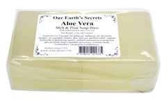 Our Earth's Secrets Aloe Vera melt and pour base ingredients closeup highlighting vegan, SLS-free formulation