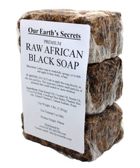 Our Earth's Secrets African Black Soap block from Ghana for natural cleansing