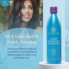 Ovation Hair Color Protection Conditioner label close-up—quinoa and argan oil highlighted.
