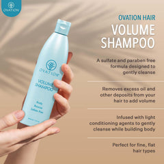 Ovation Hair Volume Shampoo packaging emphasizes a sulfate-free formula.