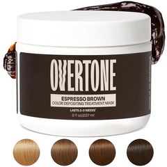 oVertone Espresso Brown hair application shows quick 10–15 minute color deposit.