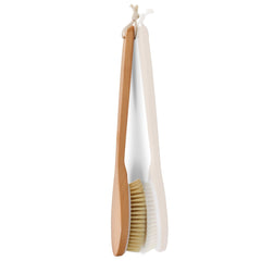 OWIIZI bath brush long wooden handle reaches the back comfortably.