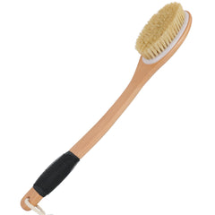 OWIIZI wooden-curved-handle-bath-brush provides ergonomic grip and easier reach across the back.