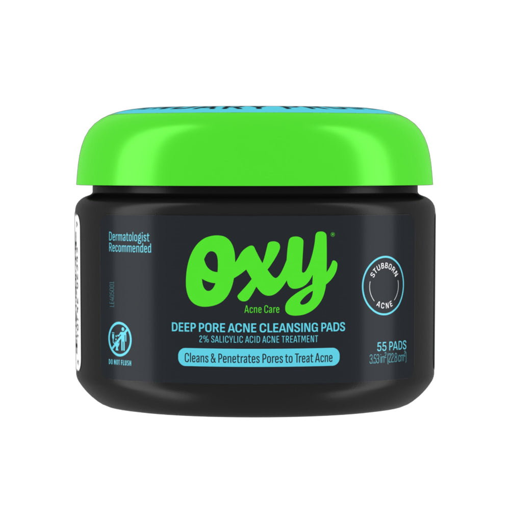 Oxy front packaging tub showing 55 pads and strength for clear skin