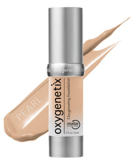 Oxygenetix Oxygenating Foundation Pearl bottle closeup showing breathable formula for sensitive skin.