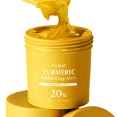 P.CALM Turmeric Bubble Deep Mask jar closeup shows creamy clay transforming into bubbles for a spa-like cleanse.