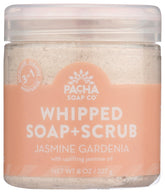 Pacha Soap Co Jasmine Gardenia whipped soap bottle shows creamy lather for daily pampering.