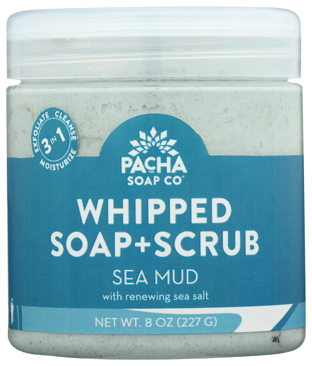 Pacha Soap Co Sea Mud Whipped Soap Scrub bottle ready for exfoliation.