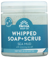 Pacha Soap Co Sea Mud Whipped Soap Scrub bottle ready for exfoliation.