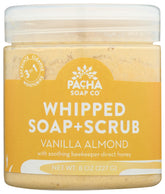 Pacha Soap Co Vanilla Almond Whipped Soap Scrub jar front, creamy hydration and exfoliation