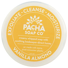 Pacha Soap Co Vanilla Almond Whipped Soap Scrub label, cruelty-free beauty ethics