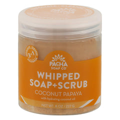 Pacha Soap Co Coconut Papaya Whipped Soap Scrub texture offers gentle exfoliation and hydrating skin.