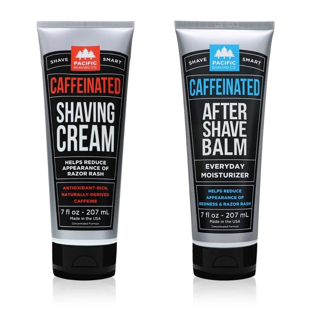 Pacific Shaving Company caffeinated shaving cream bottle showing energizing lather.