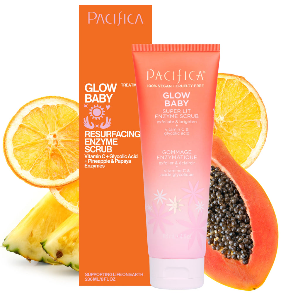 Pacifica Glow Baby Exfoliating Scrub bottle closeup shows brightening formula for radiant skin.