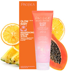 Pacifica Glow Baby Exfoliating Scrub bottle closeup shows brightening formula for radiant skin.
