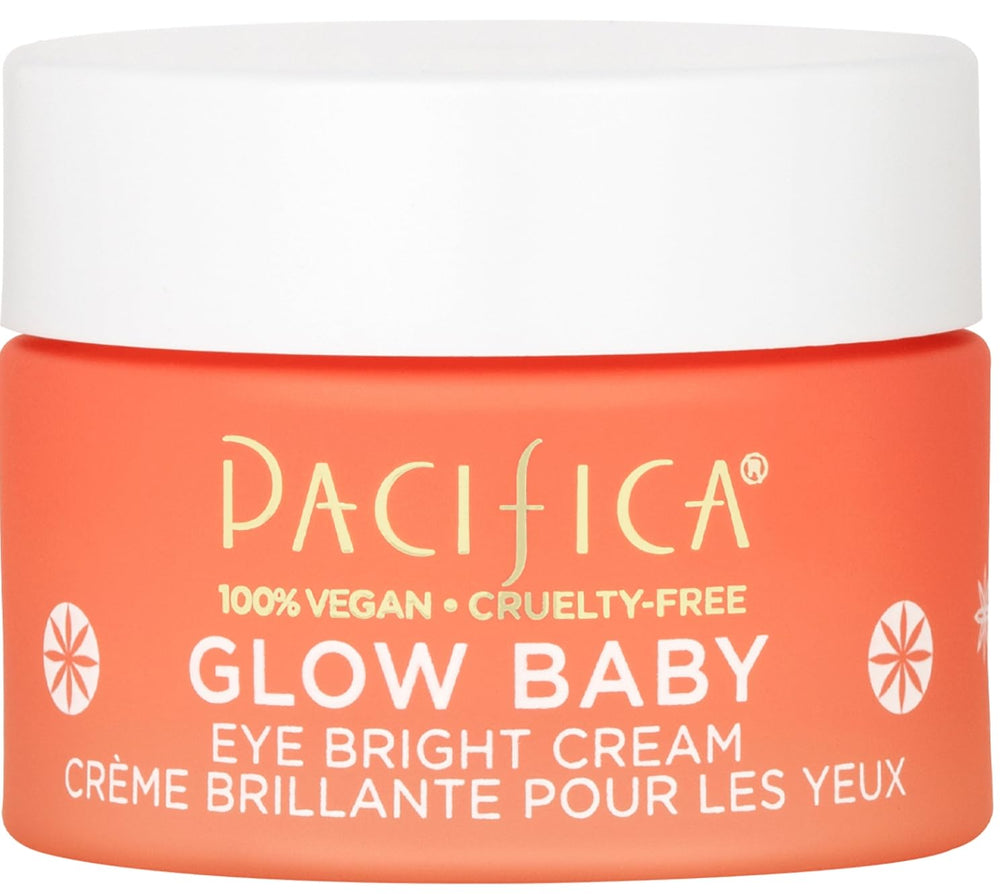 Pacifica Glow Baby Eye Cream tube closeup showing fragrance-free brightening formula for tired eyes
