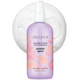 Pacifica Jasmine Agave Strength & Shine shampoo bottle with glossy, repair-ready hair.