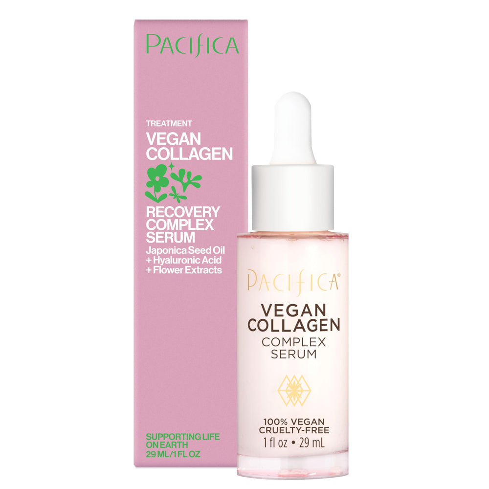 Pacifica Vegan Collagen Complex Serum bottle on vanity, boosting hydration and radiance