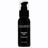 Pacinos Beard Oil bottle front shows a moisturized, healthy looking beard.