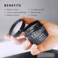 Pacinos Creme Wax Cream dispense demonstrates easy, water-soluble formula for quick restyling.