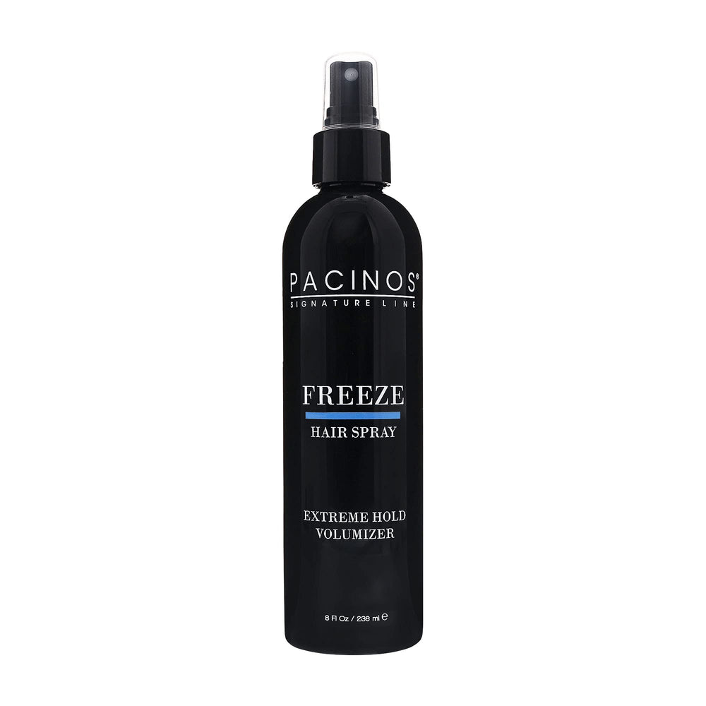 Pacinos Freeze Hair Spray bottle closeup shows premium hold for all-day style