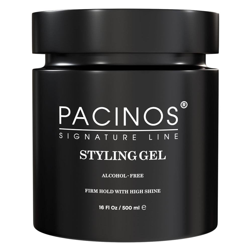 Pacinos hair gel bottle 16oz for versatile all-day hold.