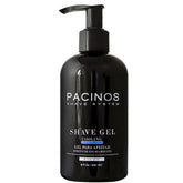 Pacinos shave gel bottle front with clear cooling gel for a smooth shave.