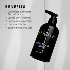 Pacinos shave gel bottle side view emphasizing transparent formula and precise beard shaping.
