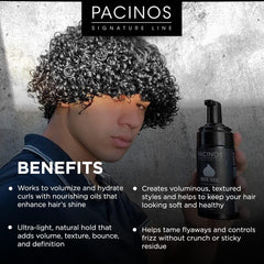 Pacinos mousse texture closeup reveals airy foam for soft, flexible hold