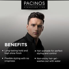 Pacinos SLEEK high-shine jar close-up showing wet-look finish with all-day control.