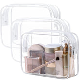 PACKISM TSA-approved clear toiletry bag front view, organized three-pack for quick security checks