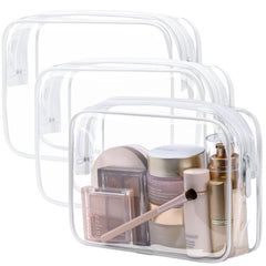 PACKISM TSA-approved clear toiletry bag front view, organized three-pack for quick security checks