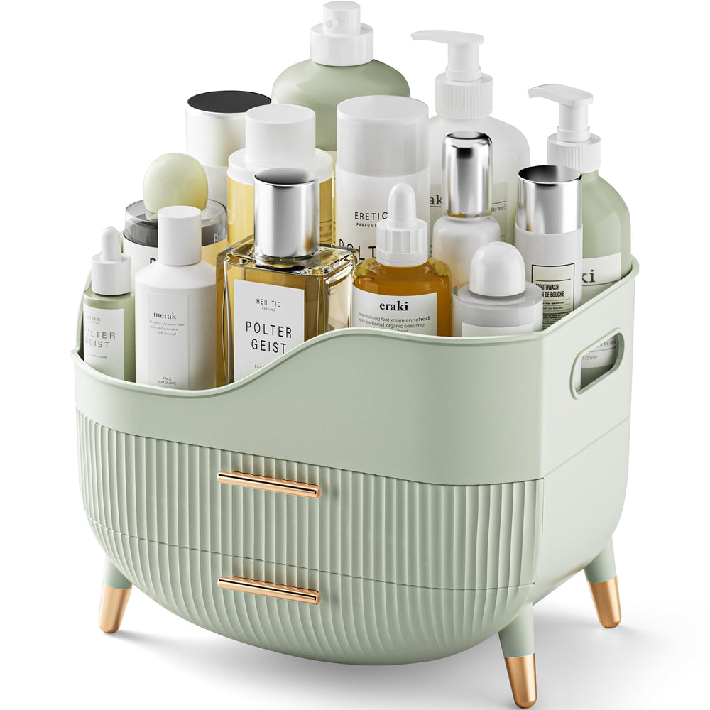 Pajiriona makeup organizer with drawers highlights a top compartment for easy skincare storage and quick access.