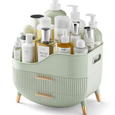 Pajiriona makeup organizer with drawers highlights a top compartment for easy skincare storage and quick access.