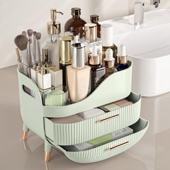 Pajiriona vanity organizer on countertop stores foundations, highlighters, and eyeshadows for clutter-free use.