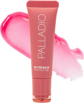 Palladio Butter Balm tube application shows sheer strawberry tint for nourished lips hydration