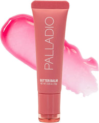 Palladio Butter Balm tube application shows sheer strawberry tint for nourished lips hydration
