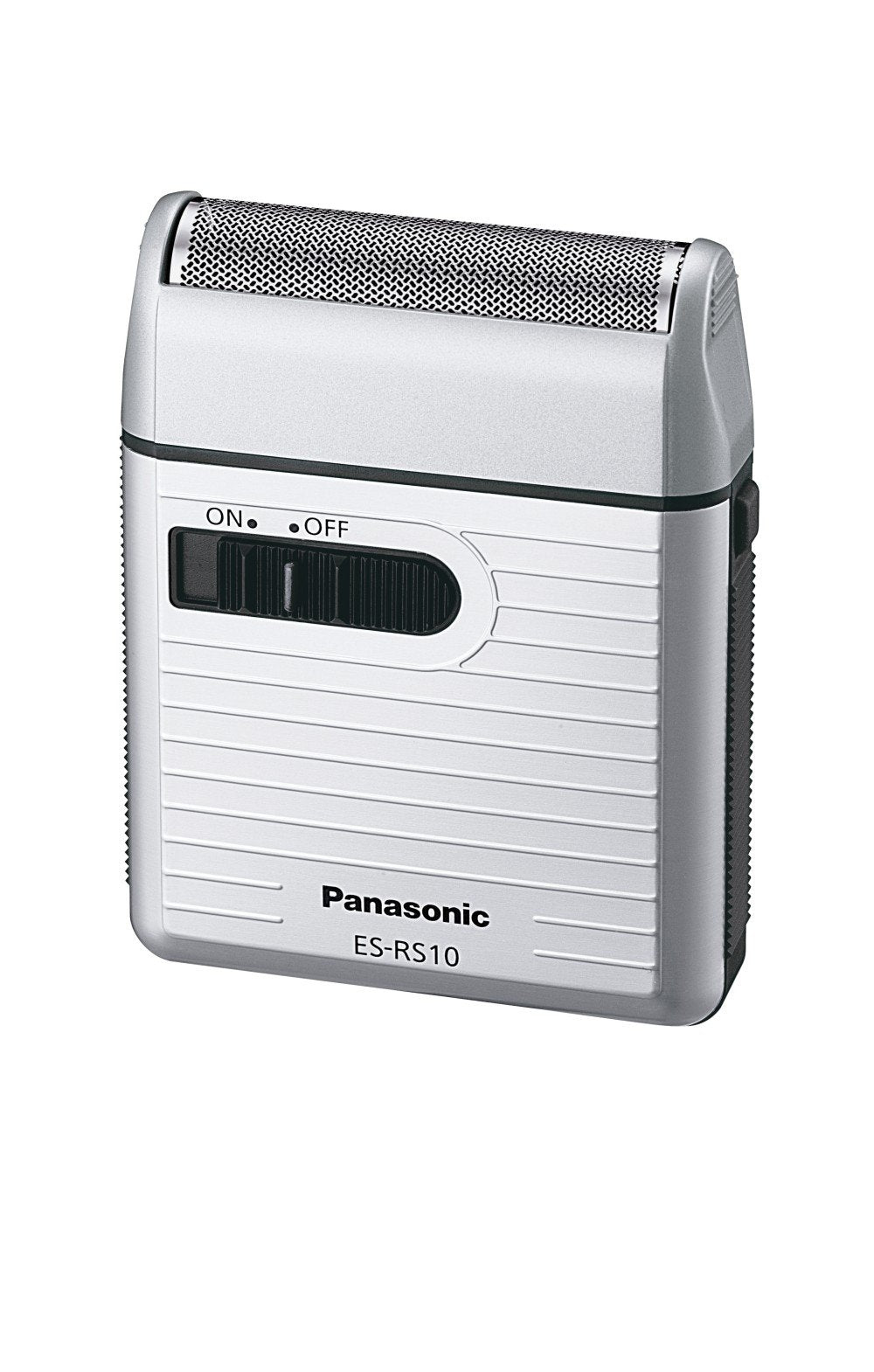 Panasonic ES-RS10-S traveler shaver front view highlights compact travel-ready design.