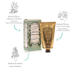 Hands applying Panier des Sens Jasmin Hand Cream for quick moisturization.