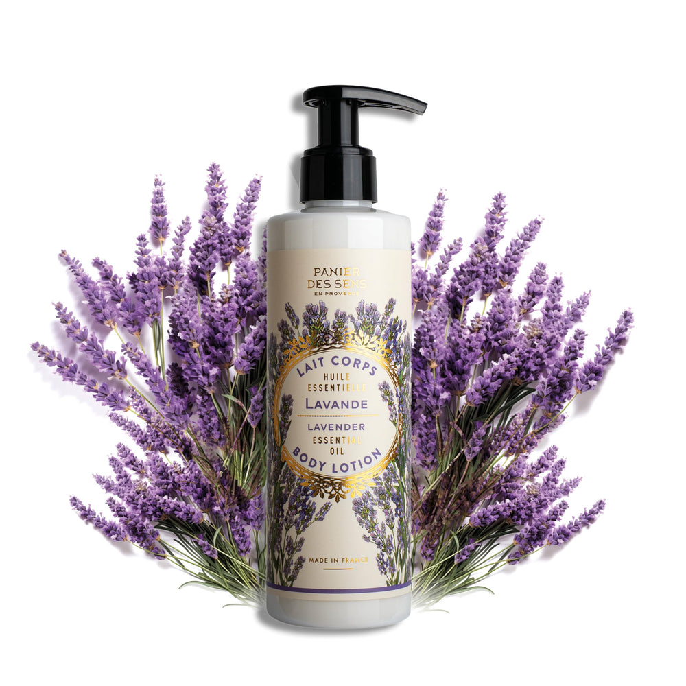 Panier des Sens Lavender Hand and Body Lotion pump bottle for quick hydration.