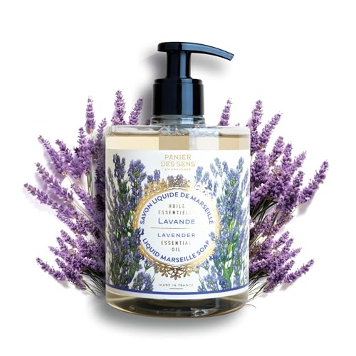 Panier des Sens lavender hand soap pump closeup showing calming aroma.
