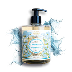 Panier des Sens Sea Samphire hand soap pump shows moisturizing lather for soft hands