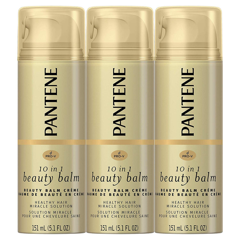 Pantene Beauty Balm bottle pouring, leave-in treatment for smoother, frizz-control hair.