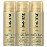 Pantene Beauty Balm bottle pouring, leave-in treatment for smoother, frizz-control hair.