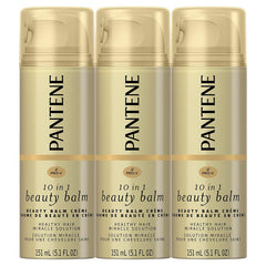 Pantene Beauty Balm bottle pouring, leave-in treatment for smoother, frizz-control hair.