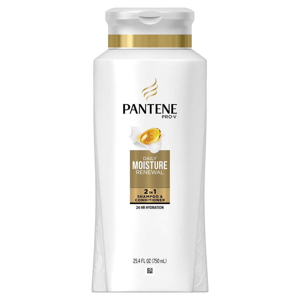 Pantene Pro-V Daily Moisture Renewal 2-in-1 bottle closeup highlights convenient cleansing and conditioning benefits.