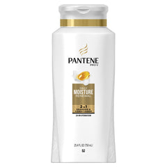 Pantene Pro-V Daily Moisture Renewal 2-in-1 bottle closeup highlights convenient cleansing and conditioning benefits.