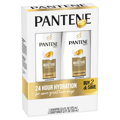 Pantene Daily Moisture Renewal shampoo label close-up emphasizes antioxidants supporting strength.