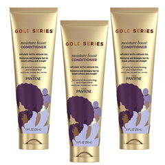 Pantene Gold Series Moist Boost Conditioner bottle close-up for silky hair